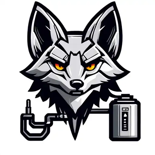 Mechanical fox head logo. Fox head is plugged into a battery. Low detail, simple design. tattoo design idea