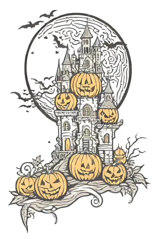 Halloween tattoo, orange pumpkins, spooky castle with a big moon behind in yellowish tones and more Halloween tattoo design idea