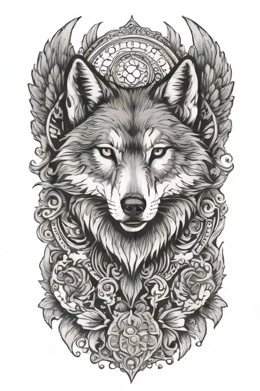 Wolf head with wings next to a tattoo design idea