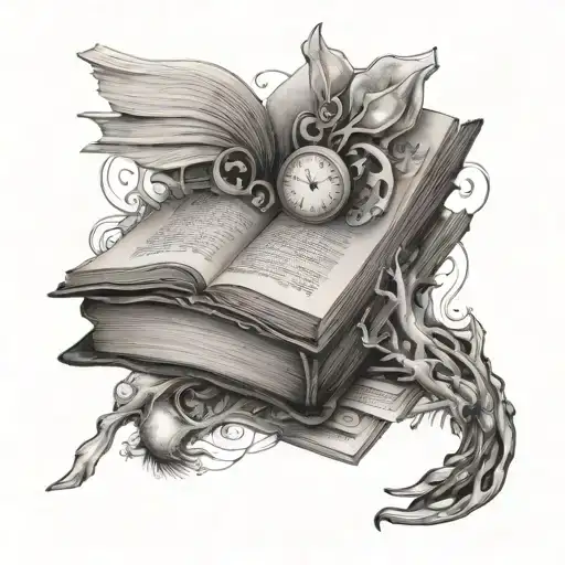Create a tattoo of an open book with various symbols of curiosity and exploration emerging from its pages tattoo design idea
