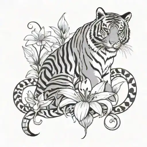 the word 'Maitryx' with tigers and lily pads  tattoo design idea