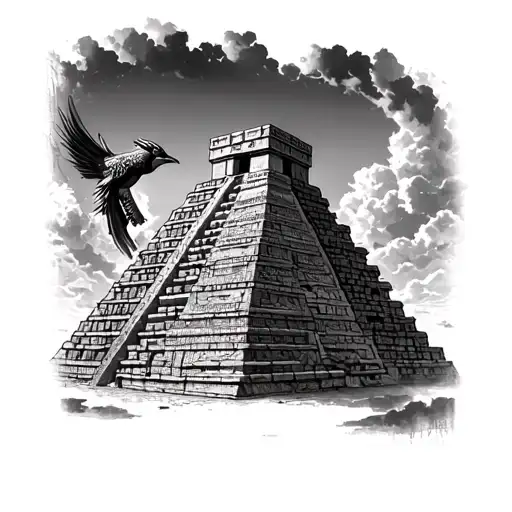 Mayan pyramid and pre -Hispanic quetzalcóatl leaving between the sky and the pyramid tattoo design idea