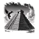 Mayan pyramid and pre -Hispanic quetzalcóatl leaving between the sky and the pyramid tattoo design idea