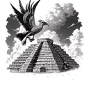Mayan pyramid and pre -Hispanic quetzalcóatl leaving between the sky and the pyramid tattoo design idea