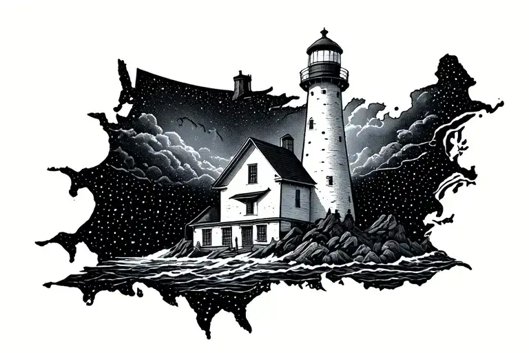 lighthouse coming out of a map outline tattoo design idea