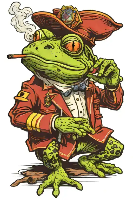 frog standing smoking a cigerette wearing a firefighters uniform tattoo design idea