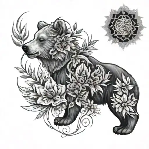 Custom full arm tattoo design. Bear, mandalas, nature, light, love, magic, lotuses, flowers, spiritual symbols tattoo design idea