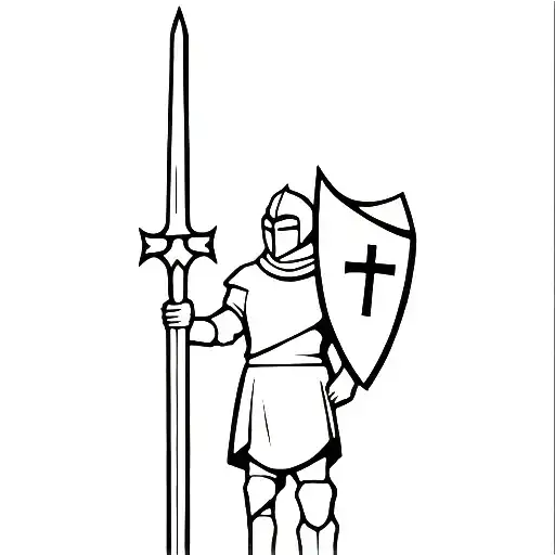 The Teutonic knight stands with his sword raised in his hand and a shield with a cross in his other hand. tattoo design idea