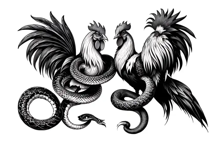 2 snakes wrapped evenly around 2 fighting roosters tattoo design idea