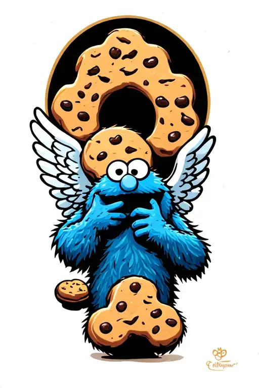 cookie monster holding a cookie with angel wings spread wide tattoo design idea