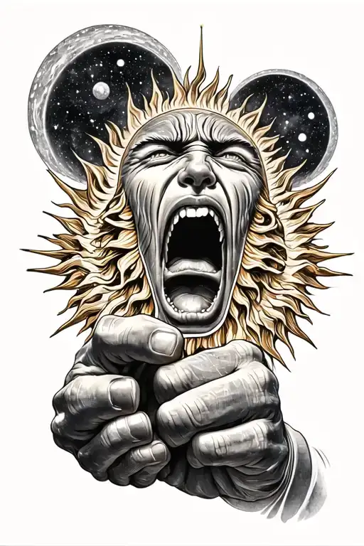 crying sun with outstretched fist soaring through the universe tattoo design idea