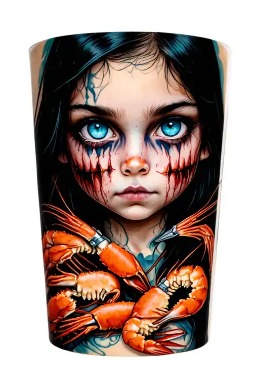 one girl selling shrimp and crab claws with blue eyes one has black hair and she is pirates with muskets tattoo design idea