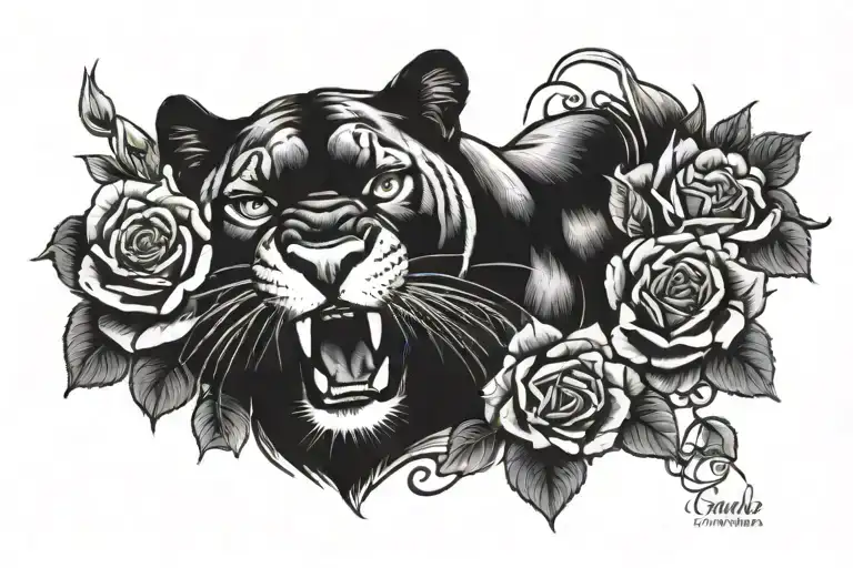 panther growling with roses and the word sacrifice written  tattoo design idea