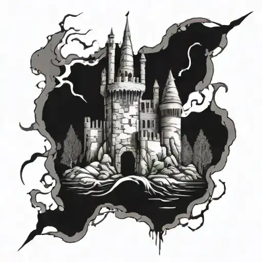 castle in ruins tattoo design idea