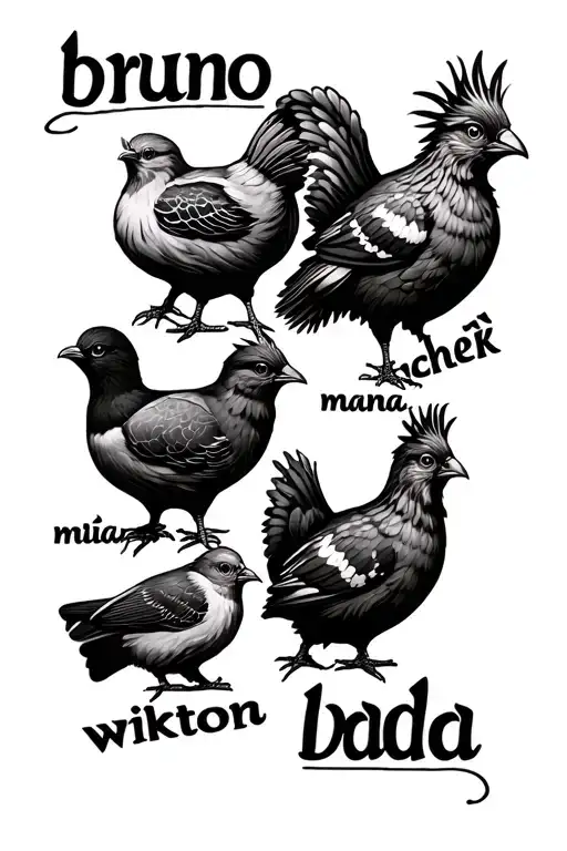  6 larks and one name written above each one and the names are bruno, michał, maciek, wiktor, mama, dada tattoo design idea