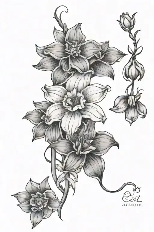 spine tattoo, similar to a daisy chain, of outlined flowers, a daffodil flower at the top, then a marigold flower below  tattoo design idea