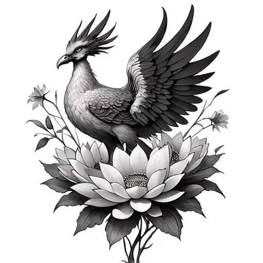 phoenix, lotus flower, 5 lotus flowers growng,2sets of wings,5 wild flowers tattoo design idea
