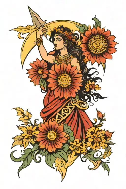 Sagittarius goddess and Indian blanket flowers surrounding tattoo design idea
