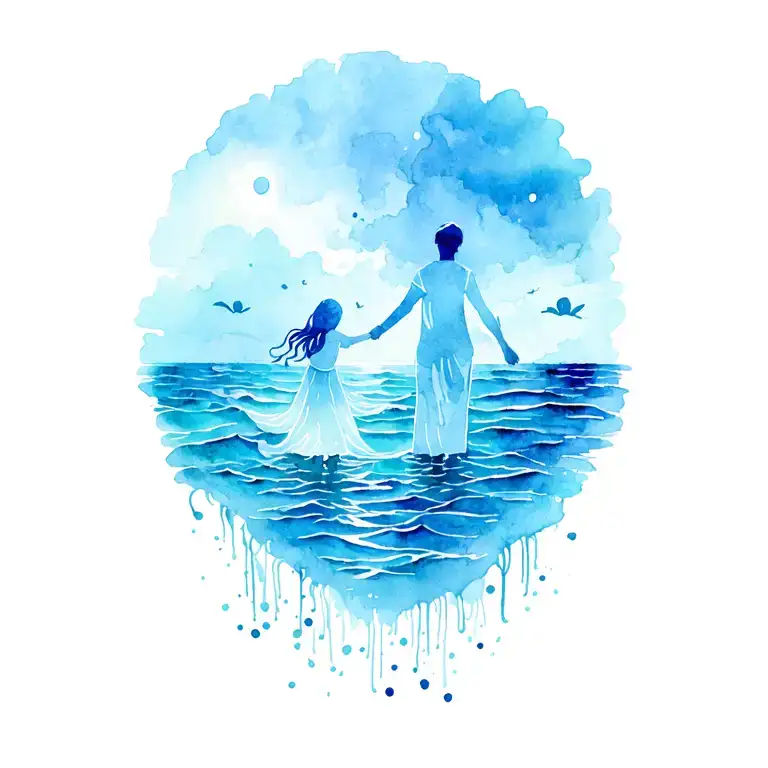 sea,nature, family holding hands tattoo design idea