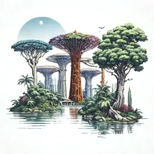 colored garden by the bay supertree with some black and white baobabs at the back tattoo design idea