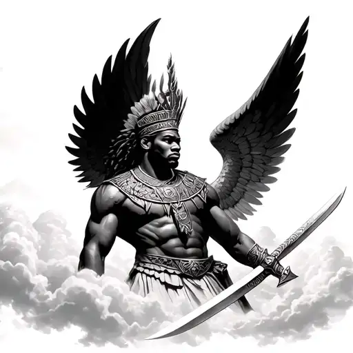 African king warrior with wings and sword surrounded by clouds tattoo design idea