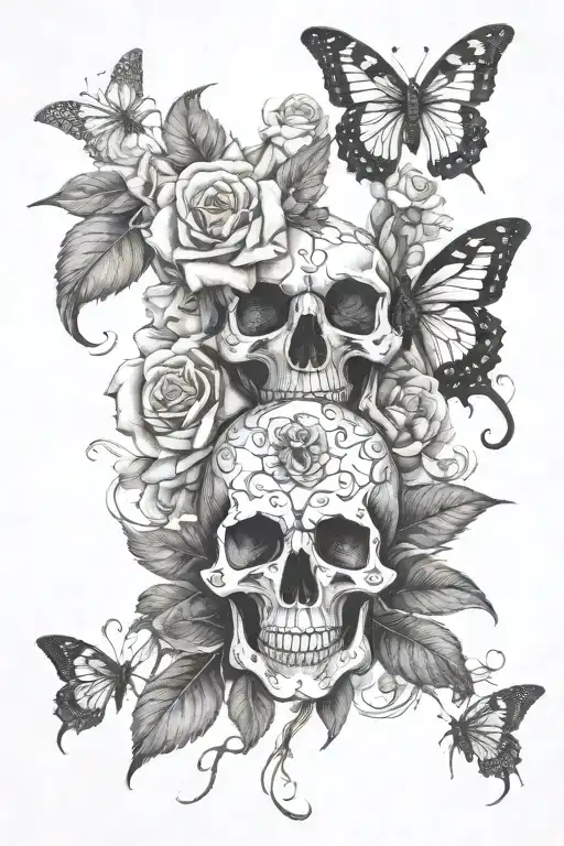 narcissus flowers roses butterflies victorian skull tattoo design idea
