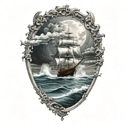 Ocean waves with ship sailing through stormy tattoo design idea