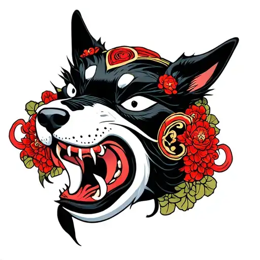 oni mask of a dog biting a teru teru bozu tattoo design idea