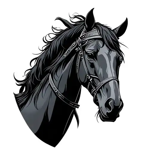 nazgul horse, head and neck, side view, armoured horse tattoo design idea