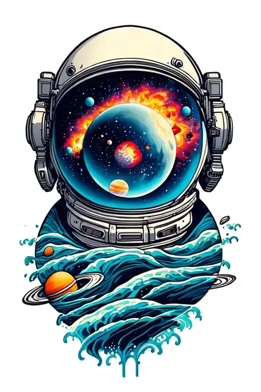 astronaut helmet with supernova explosion in reflection. background is sea of color with planets and waves of color. tattoo design idea