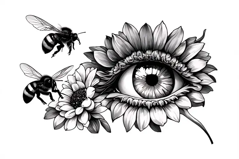 race horses eye, bumble bee flying, chrysanthemum flowers  tattoo design idea