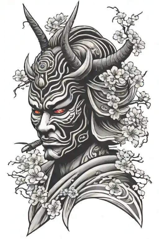 samurai, oni mask, temple, ocean waves, cherry blossoms tattoo design idea