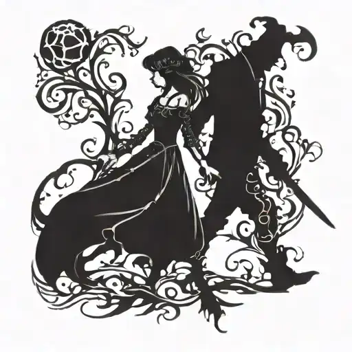 a girl and a shadow demon walking holding hands tattoo design idea