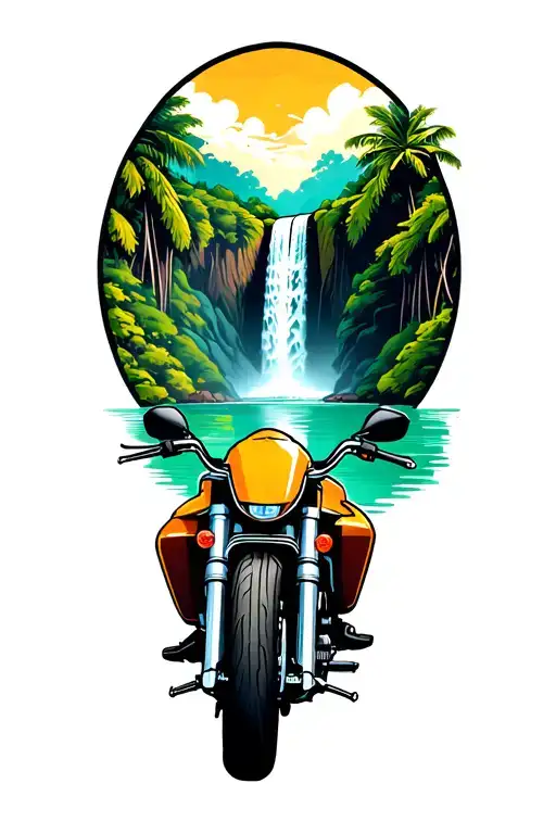 A motorcycle parked in front of a majestic waterfall in a lush jungle setting, combining your passion for adventure motorcycle riding with your love for the outdoors tattoo design idea