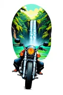A motorcycle parked in front of a majestic waterfall in a lush jungle setting, combining your passion for adventure motorcycle riding with your love for the outdoors tattoo design idea