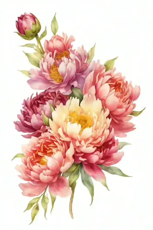peony flower, aster flower, violet flower bouquet tattoo design idea