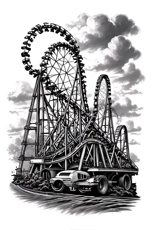Black and white forearm tattoo with the theme of roller coasters, and metal/rock music. tattoo design idea