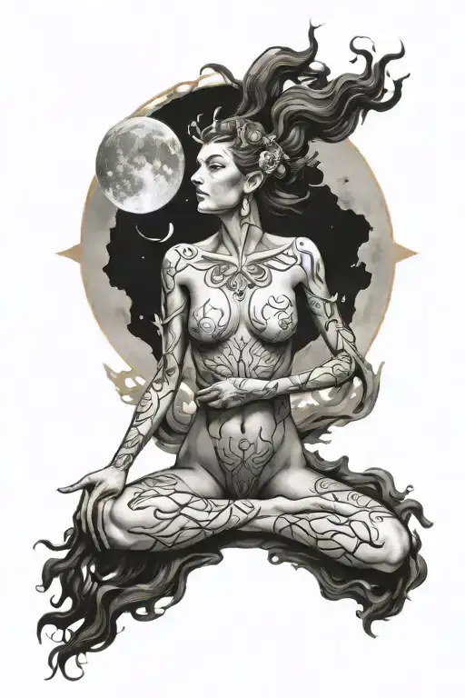 wisdom goddess full body standing reaching out powerful sexy full moon rising tattoo design idea