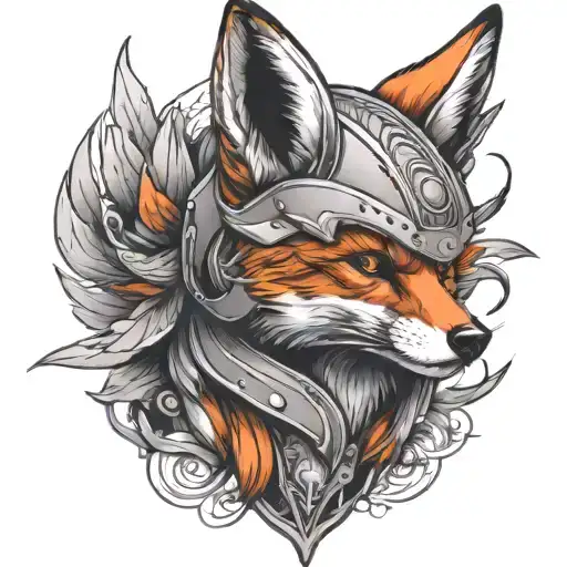 a red fox wearing a valkyrie helmet with wings on the side, badass female fox tattoo design idea