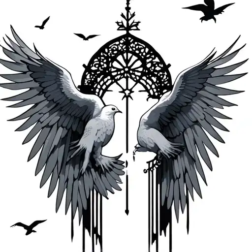 heaven gates doves flying and lights tattoo design idea