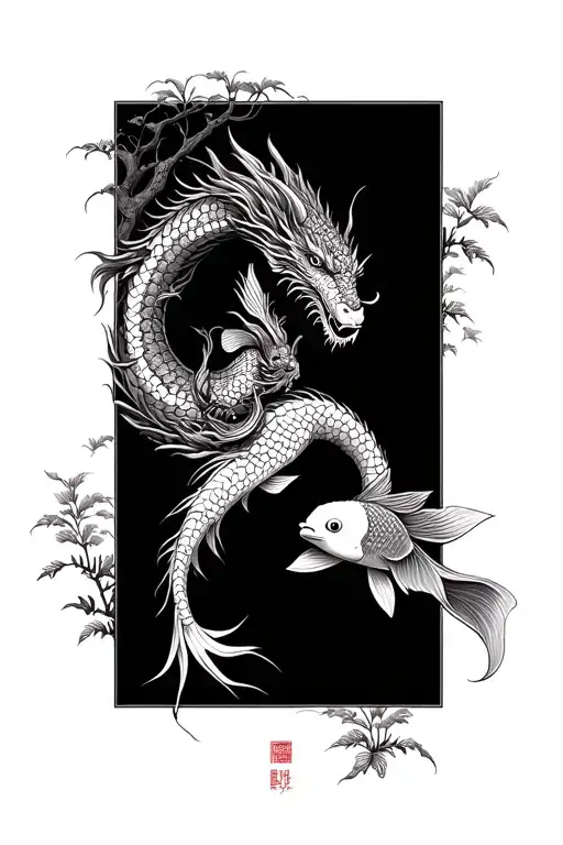 japanese dragon meets koi fish fine line realism forearm tattoo blackwork surrounded with japanese nature tattoo design idea