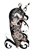 black and grey arm sleeve mixing trash polka, neo traditional and sketchwork tattoo design idea