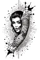 black and grey arm sleeve mixing trash polka, neo traditional and sketchwork tattoo design idea