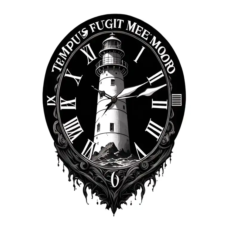 clock, text saying "Tempus Fugit Memento Mori", lighthouse tattoo design idea
