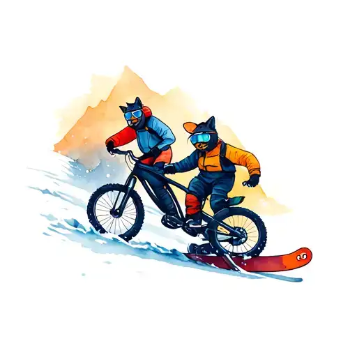 one cat mountain biking and one cat snowboarding  tattoo design idea