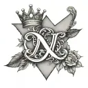 Letter A, letter B, letter W, crown, stars, hearts, flowers, love tattoo design idea