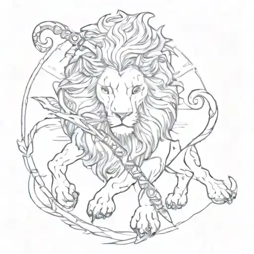 magic wand, ram and lion as protective spells tattoo design idea
