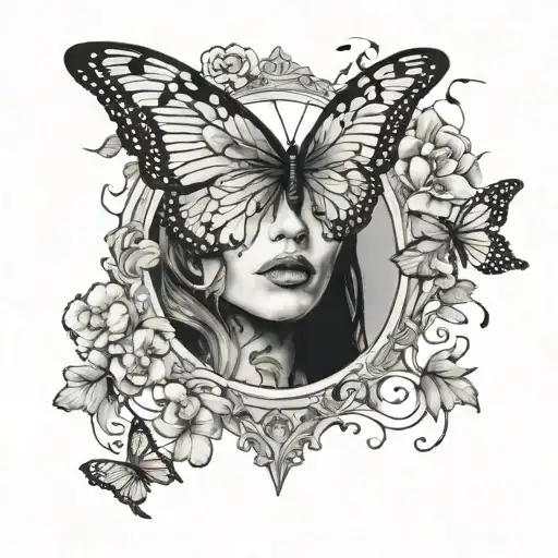 face breaking through mirror turns into butterfly with flowery border tattoo design idea