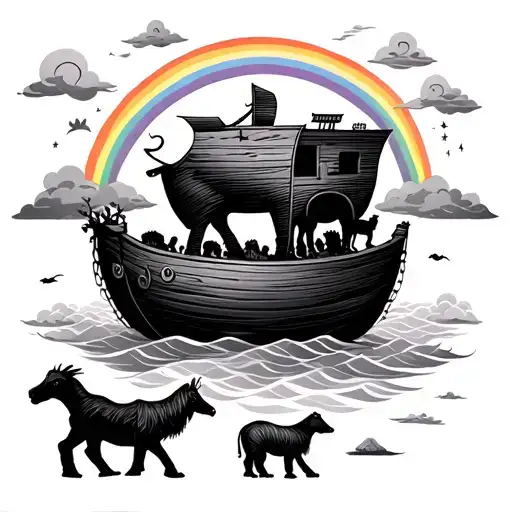 Noah's ark with clouds, animals and rainbow tattoo design idea