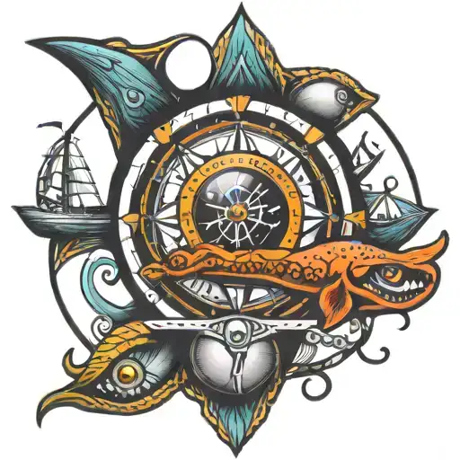 boat compass octopus shark eye of Egypt   tattoo design idea